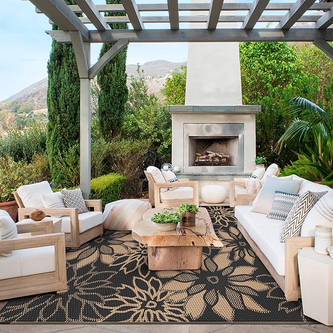 GENIMO Outdoor Rug Waterproof for Patio Decor, 9' x 12' Reversible Plastic Straw Floral Camping Carpet, Large Area Rugs Mats for RV, Camper, Deck, Balcony, Porch, Beach, Picnic, Black & Brown-Ruum Studio Home