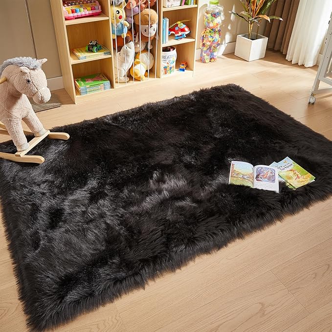AMTOVO Faux Fur Sheepskin Rug for Living Room, 4 x 6 ft Black Fluffy Area Rug for Bedroom, Playroom, Luxury Room Decor, Rectangle-Ruum Studio Home