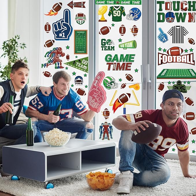 Football Window Clings, Football Party Decorations, Touch Down Party Window Stickers, Green Brown Themed Stickers Decal Gel for Touchdown Party Decor Accessories Set-Ruum Studio Home