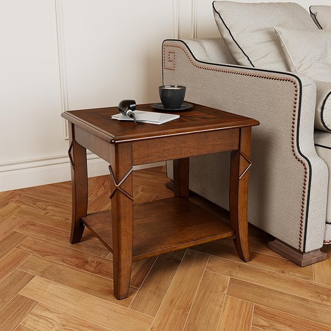 Solid Wood End Table with Storage Shelf, Vintage Rectangle Sofa Side Table with Splicing Tabletop and Carved Leg, BesideTelephone Table Cherry Brown,19.7 * 17.7 * 19.7in CJZ-DR200-Ruum Studio Home