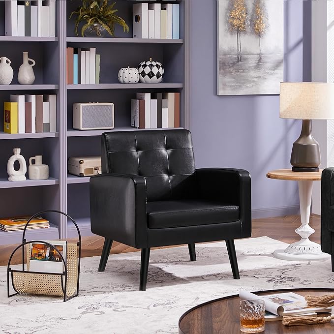 Yaheetech Mid-Century Accent Chairs, PU Leather Modern Upholstered Living Room Chair, Cozy Armchair Button Tufted Back and Wood Legs for Bedroom/Office/Cafe Black 2PCS-Ruum Studio Home