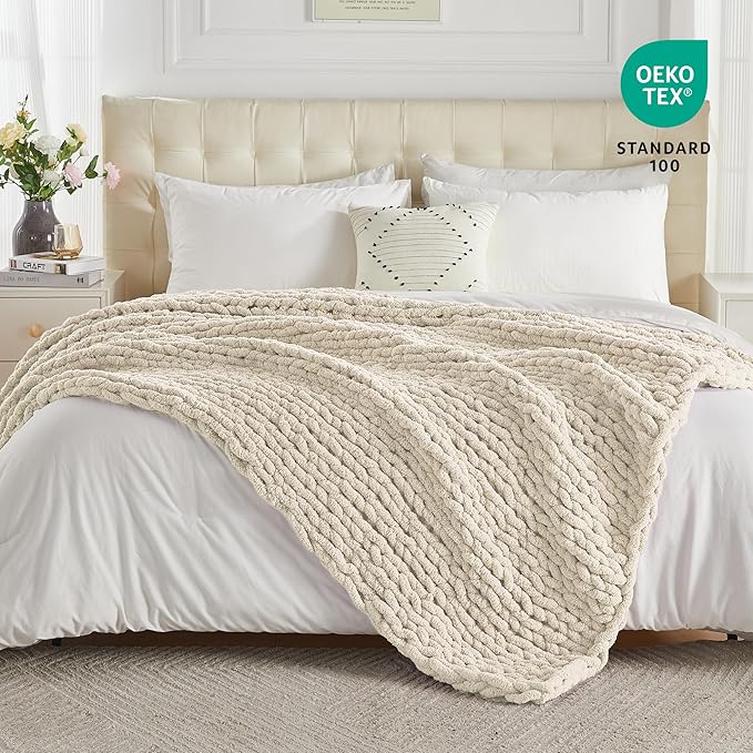 Carriediosa Chunky Knit Throw Blanket 50" X 60", 100% Hand Made Large Chenille Loop Yarn Soft Fluffy Throws for Couch Sofa Bed, Big Crochet Cozy Heavy Thick Cable Woven Blanket, Light Beige-Ruum Studio Home
