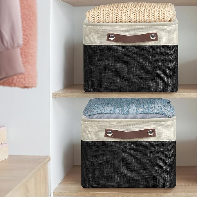 SIMPLE HOUSEWARE Large Fabric Storage Bin, 15" x 11" with Leather Like Handles, 3 Pack, Black-Ruum Studio Home