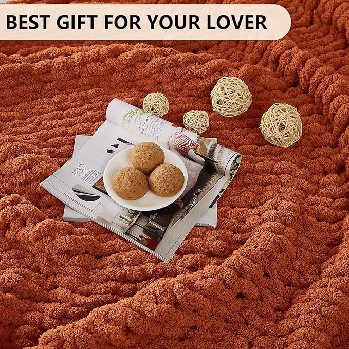 L'AGRATY Chunky Knit Blanket Throw: 50''x60'' Chenille Chunky Knitted Throw Blanket for Bed Couch - Handmade Thick Big Cable Knit Blanket - Large Crochet Rope Blanket for Home Decor(Rusty Orange)-Ruum Studio Home