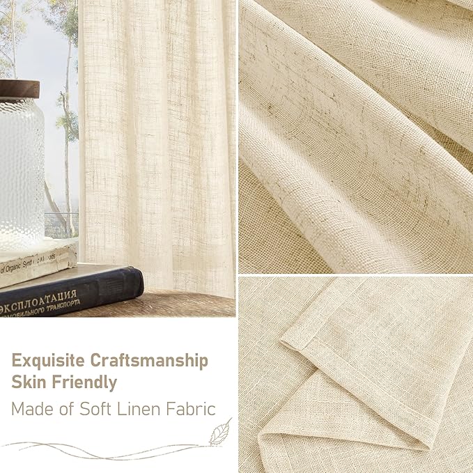 LAMIT 102 inches Long Sheer Linen Curtains, Linen Textured Light Filtering Semi Sheer Bronze Grommet Natural Boho Drapes for Living Room/Farmhouse, 2 Panels, Beige, 52 x 102 Inch-Ruum Studio Home