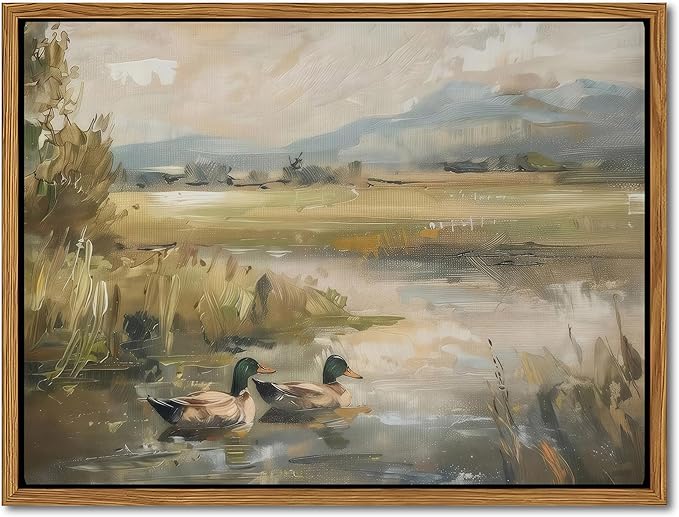 Floating Framed Canvas Wall Art, Vintage Mallard Duck Oil Paintings Print, Countryside Art Wildlife Nature Pond Wall Decor for Living Room, Bedroom, Office, Rustic Decor 8x10 inch-Ruum Studio Home