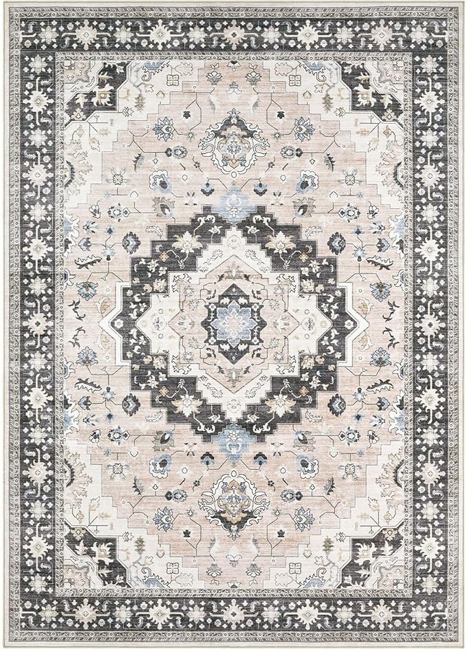 Washable Area Rugs for Living Room - 9x12 Neutral Vintage Distressed Floral Farmhouse Boho Large Soft Floor Rug Indoor Non Slip Carpet for Bedroom Dining Room Office - Pink/Dark Green-Ruum Studio Home