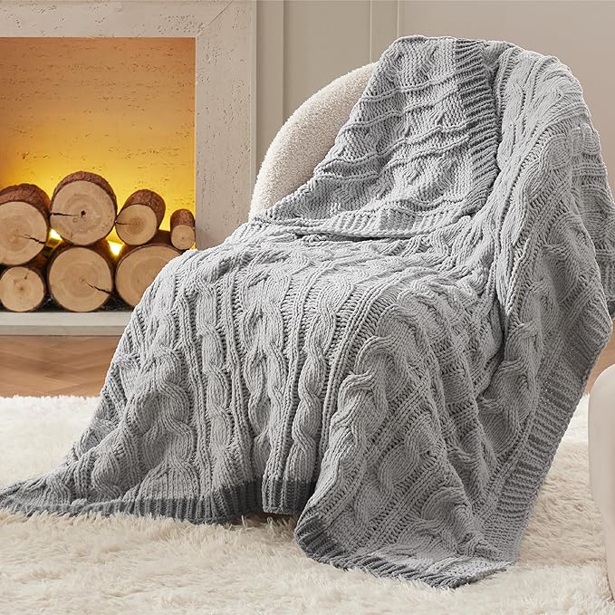 Bedsure Cable Knit Twin Blanket for Couch Bed - Breathable Chenille Chunky Knit Twin Blanket for Decorative Gift, GentleSoft Cozy and Warm for Winter and All Seasons, Grey, 60x80 Inches-Ruum Studio Home