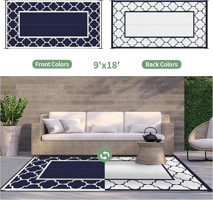 GENIMO 9' x 18' Outdoor Rug Waterproof for Patio, Foldable Reversible Plastic Straw Area Rugs Mat for Rv Decor, Outside Carpet for Camper, Deck, Picnic, Beach, Balcony, Porch, Blue & White-Ruum Studio Home