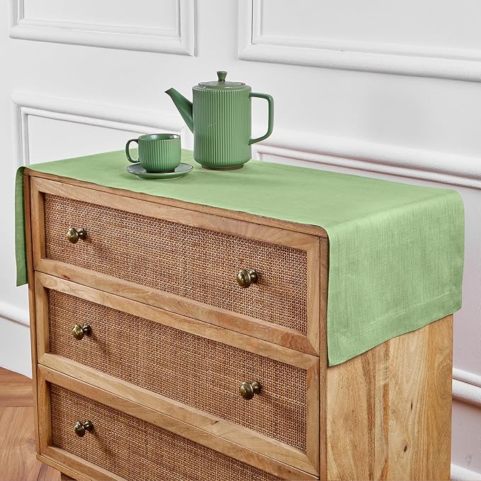 Solino Home Linen Table Runner 48 Inches - 100% Pure Linen Laurel Green Table Runner 14 x 48 Inch Ideal for Dresser and Coffee Tables - Fall, Autumn, Thanksgiving - Fete-Ruum Studio Home