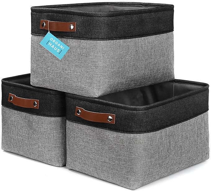 OrganiHaus Large Fabric Storage Baskets for Shelves 3 Pack | 15x11in Closet Storage Bins for Shelves | Clothes Storage Bins for Organizing | Linen Closet Organizers | Fabric Basket, Gray/Black-Ruum Studio Home