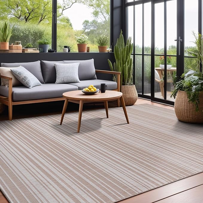 Stripe Outdoor Rug 5x7 Washable Outside Carpet for Indoor Patio Porch Waterproof Easy Cleaning Non Shedding Area Rugs Beige 5 x 7-Ruum Studio Home
