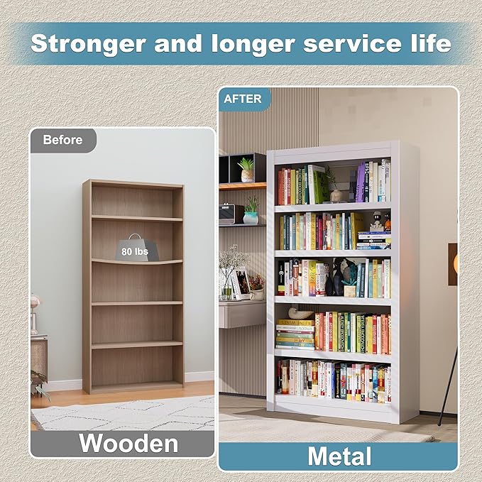 Bookshelf, 5-Tier Sturdy Bookcase, Adjustable Book Shelf, Large Capacity per Shelf, Modern Book Shelf for Living Room, Home Office, Garage, Ideal for Home Organization & Stylish Upgrades-Ruum Studio Home