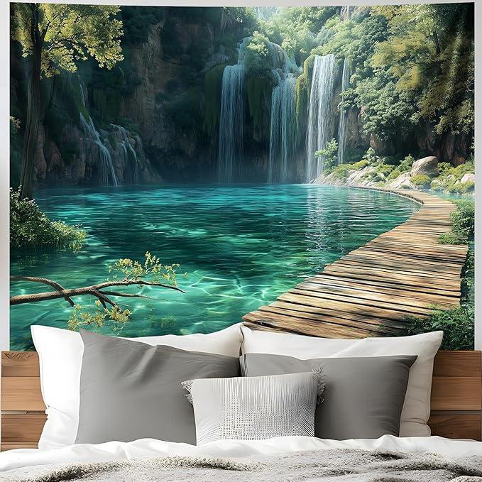 BSFHH Nature Tapestry Forest Tree Sea Cave Wall Hanging, Stream Through Rainforest Landscape Wall Art Tapestry for Bedroom Living room (Waterfall, 90"×70", Unframed)-Ruum Studio Home
