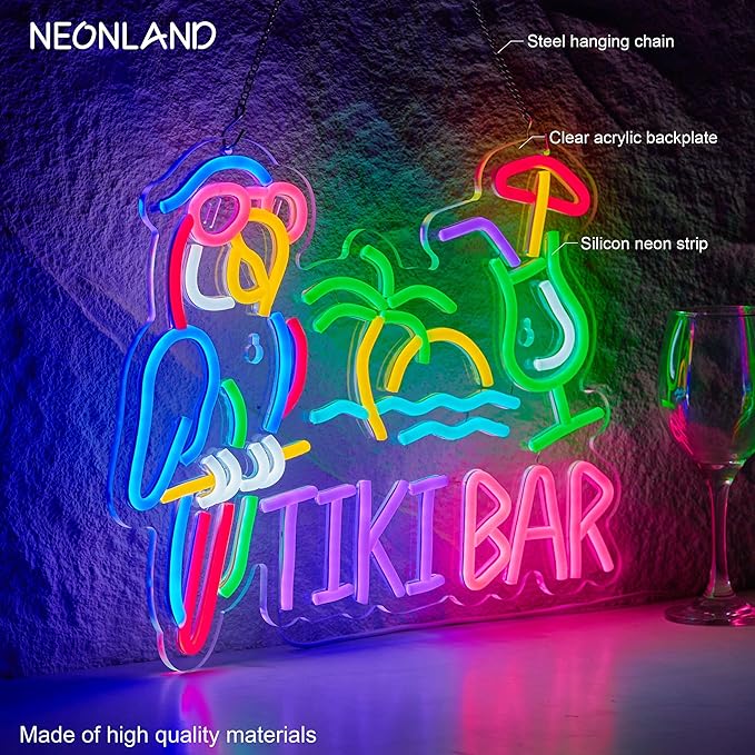 Tiki Bar Parrot Palm Tree Neon Sign for Wall Decor Hawaii Beach Bar LED Light up Signs with Dimmer for Pub Party Man Cave Room Art Decor Gift-Ruum Studio Home