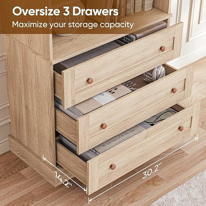 Vyre 71" Tall Farmhouse Bookshelves with Drawers, Large Modular Bookcase with Adjustable Shelves, Storage Cabinet for Living Room， Home Office, Kitchen, Brown-Ruum Studio Home