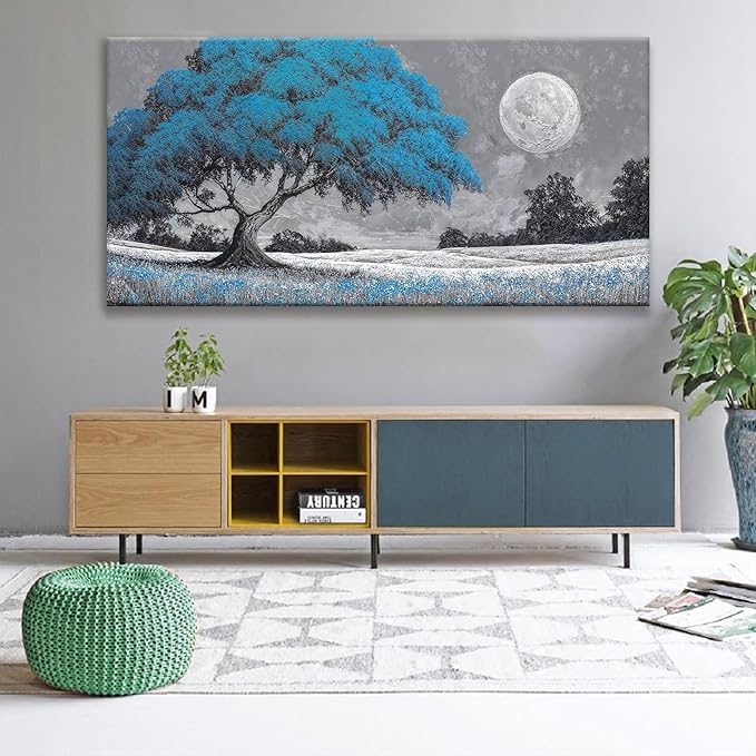 TAIJXAGSG Wall Art Blue Tree Moon Picture Canvas Art Wall Decor Artwork Abstract Canvas Print Painting Nature For Living Room Bedroom Bathroom Office Home Wall Decor 29"X 58"Can Be Hung Directly-Ruum Studio Home