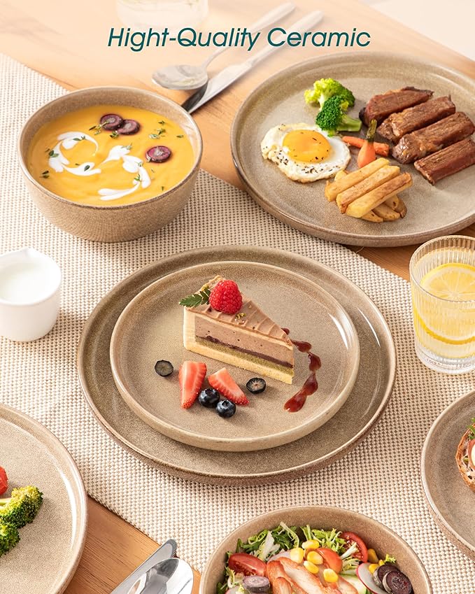 vancasso ANYA 24 Pieces Plates and Bowls Set, Caramel Dinnerware Sets, Reactive Glaze Dishes Set for 8, Ceramic Dishware Sets Kitchen Dinner Set, Microwave & Dishwasher Safe-Ruum Studio Home