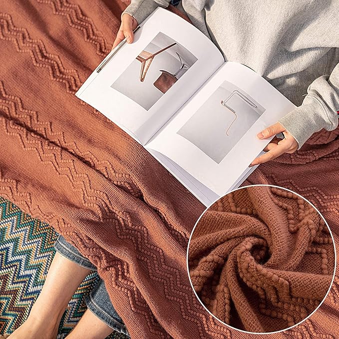 MIULEE Knitted Boho Throw Blanket for Couch Textured Knit Terracotta Rust Blanket with Tassels Cozy Woven Farmhouse Blanket for Sofa Bed Chair Wave Pattern Fall Decor 50"x60", Orange-Ruum Studio Home