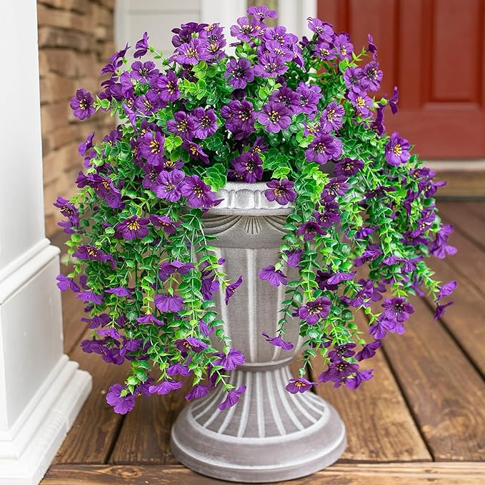 Artificial Faux Hanging Flowers Plants for Spring Outdoor Outside Decoration, 2 PCS Fake Silk Daisy with Eucalyptus UV Resistant Realistic Trailing Vines for Balcony Patio Porch (Dark Purple)-Ruum Studio Home