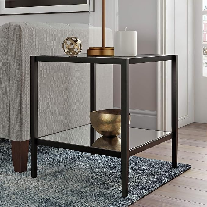 Henn&Hart 20" Wide Square Side Table with Mirror Shelf in Blackened Bronze, Table for Living Room, Bedroom-Ruum Studio Home