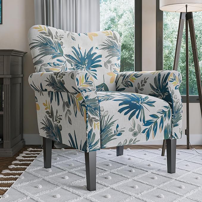 BELLEZE Modern Accent Chair for Living Room, High Back Floral Armchair w/Wooden Legs, Upholstered Wingback Side Chair Padded Armrest Single Sofa for Living Room, Bedroom - Allston (Green Blue Floral)-Ruum Studio Home