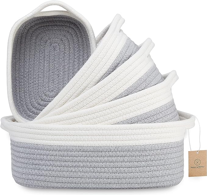 NaturalCozy 5-Piece Rectangle Storage Basket Set- Natural Cotton Rope Woven Baskets for Organizing! Small Basket for Montessori, Baby Nursery, Dog Toy Baskets, Cat Toy Box, Bathroom Organization Bin-Ruum Studio Home