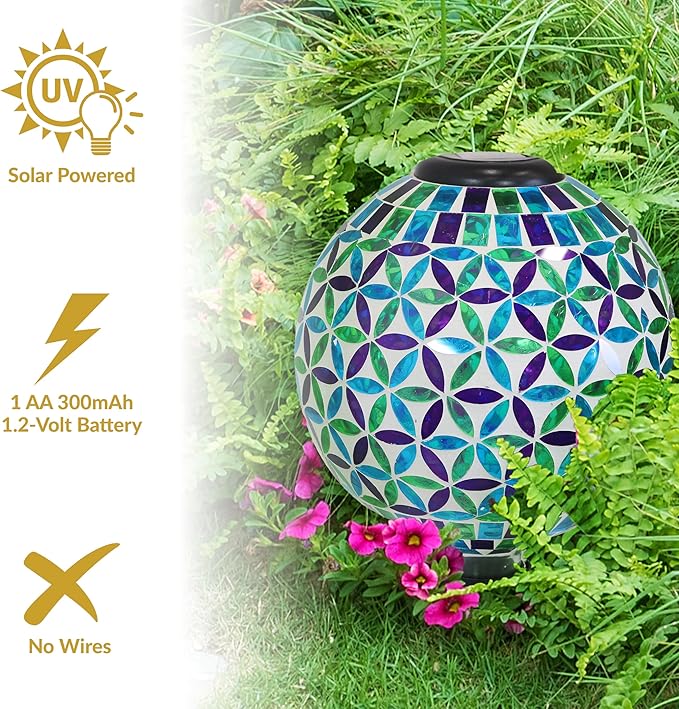 Sunnydaze 10 inch Solar Gazing Ball for Garden - Glass Outdoor Gazing Globe - Mosaic Cool Blooms-Ruum Studio Home