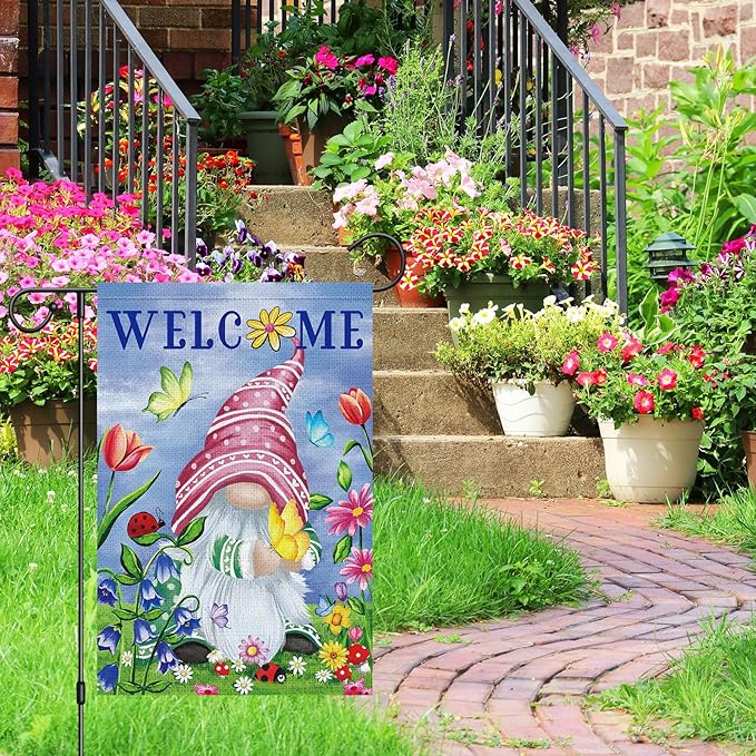 Welcome Spring Gnome Garden Flag 12x18 Double Sided Burlap Butterfly Floral Garden Yard Flags for Spring Summer Rustic Seasonal Outside Outdoor House Decoration (ONLY FLAG)-Ruum Studio Home