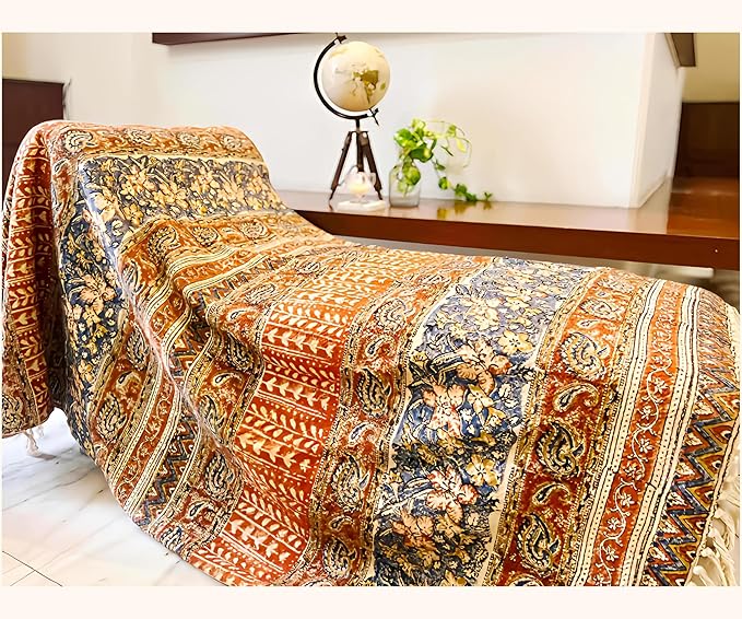 Handmade Cotton Floral Throw Blanket | Indian Block Print with Tassels | Boho Fringed Sofa & Bed Cover | 48x70 Inches Lightweight Decorative Throw for Couch, Living Room & Bedroom-Ruum Studio Home