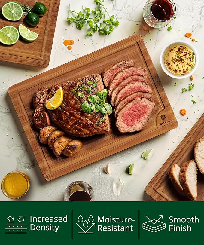 ROYAL CRAFT WOOD Wooden Cutting Boards for Kitchen Meal Prep & Serving - Bamboo Wood Serving Board Set with Deep Juice Groove Side Handles - Charcuterie & Chopping Butcher Block for Meat (3 Pcs)-Ruum Studio Home