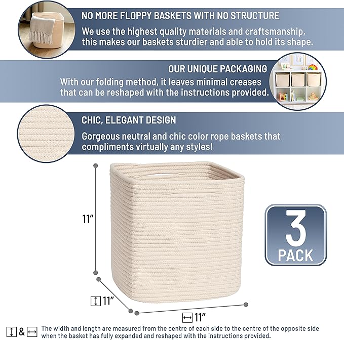 NaturalCozy Storage Cubes 11 Inch Cotton Rope Woven Baskets for Organizing, 3-Pack | Cube Storage Bin | Square Storage Baskets for Shelves Organizer, Classroom, Kids Toy Bins, Closet, Baby Nursery-Ruum Studio Home