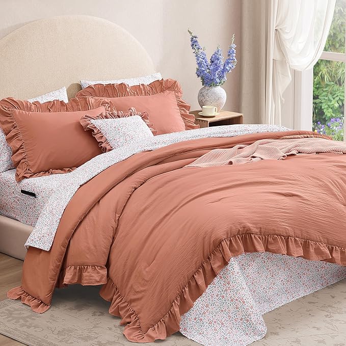 Queen Comforter Set - 7 Pieces Ruffle Autumn Leaf Bedding Sets, Shabby Chic Farmhouse Bed in a Bag Queen with Ruffle Comforter, Floral Sheets, Pillowcases & Shams-Ruum Studio Home