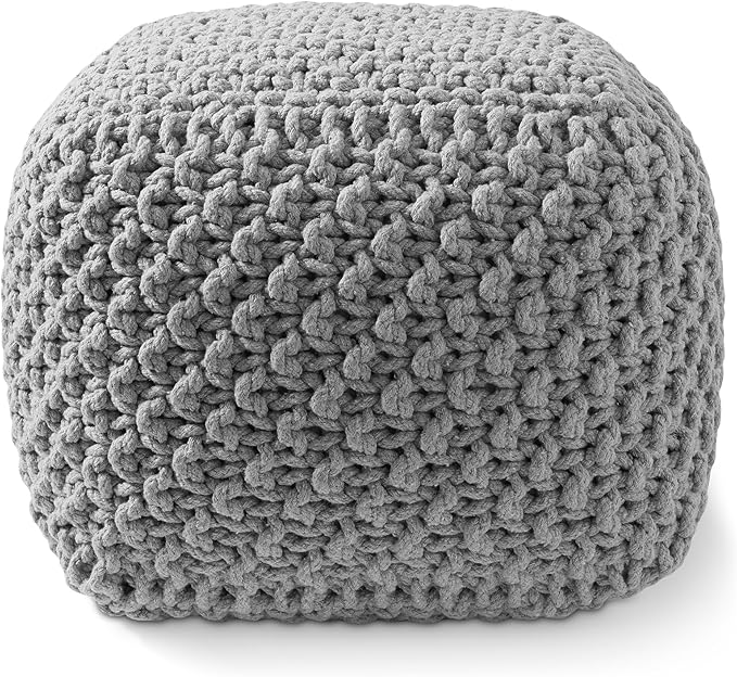 Casafield Square Pouf Ottoman, Light Gray 18.5" W x 18.5" D x 14.5" H Cotton Knit Foot Stool - Boho Floor Pouffe for Living Room, Bedroom, Home Office-Ruum Studio Home