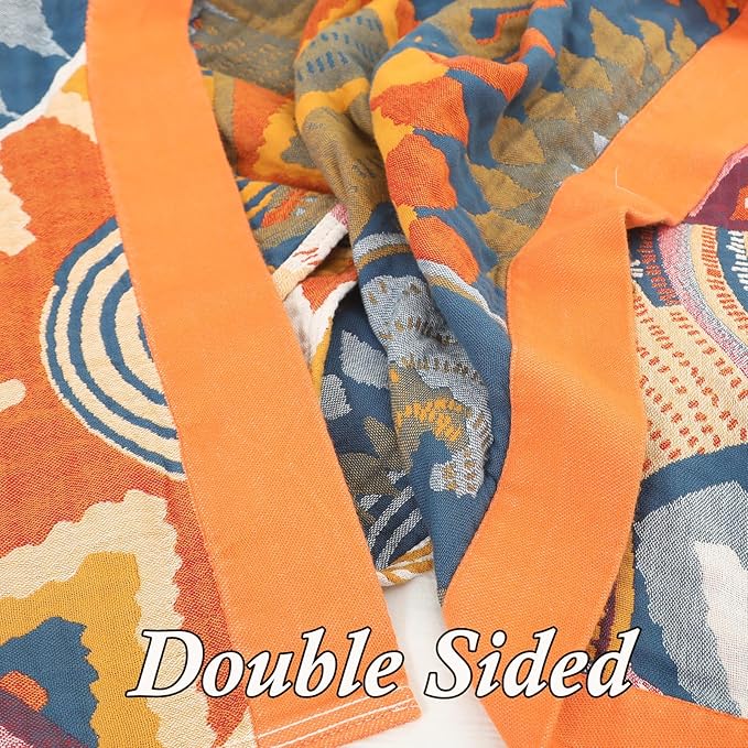 Snycler Boho Throw Blanket for Bed - 100% Cotton Ultra Soft Rustic Quilt Fall Blanket - Orange Floral Printed Farmhouse Decor Bed Blankets, 80"×90" All Season Rustic Throw for Sofa Couch Chair-Ruum Studio Home