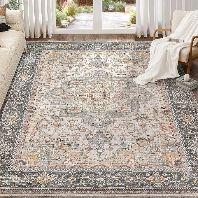 Washable Area Rugs for Living Room - 7x9 Neutral Vintage Distressed Floral Farmhouse Boho Large Soft Floor Rug Indoor Non Slip Carpet for Living Room Bedroom Dining Room Office - Forest Green Orange-Ruum Studio Home