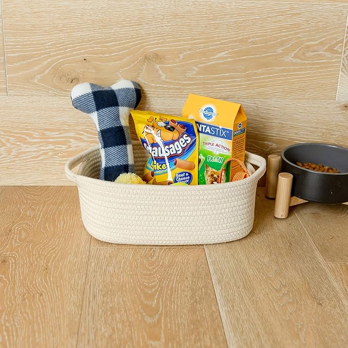 NaturalCozy 5-Piece Rectangle Storage Basket Set- Natural Cotton Rope Woven Baskets for Organizing! Small Basket for Montessori, Baby Nursery, Dog Toy Baskets, Cat Toy Box, Bathroom Organization Bin-Ruum Studio Home