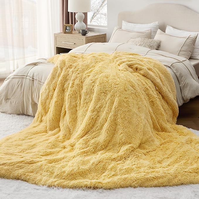 Bedsure GentleSoft Fluffy Yellow Blankets Queen Size for Bed, Thick Sherpa Faux Fur Fleece Fuzzy Plush Winter Warm Heavy Soft Full Queen Blankets, Bedroom Decor Yellow Cozy Gifts for Women Men, 90x90-Ruum Studio Home