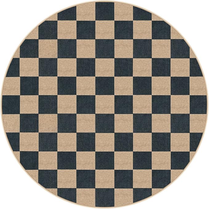 Lahome Checkered Round Rugs 6ft, Outdoor Patio Easy Jute Rug Indoor Outdoor Circle Carpet, Farmhouse Nature Non Shedding Non Slip Washable Black Carpet for Living Room Entry Deck-Ruum Studio Home