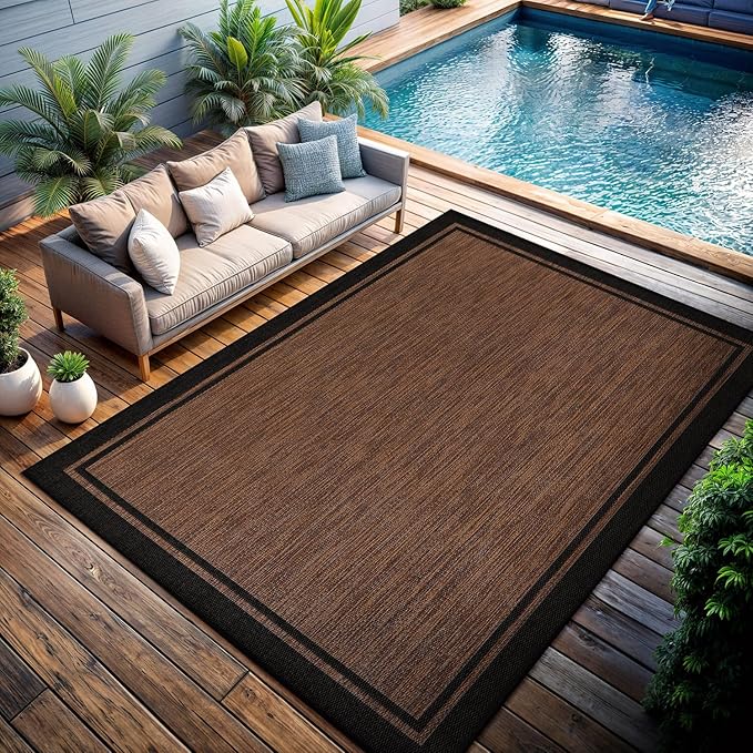 CAMILSON Indoor Outdoor Rug, 10x14 Bordered Nut Brown Black Modern Area Rugs for Indoor and Outdoor Patios, Kitchen and Hallway Mats, Washable Porch Deck Outside Carpet (Border Nut Brown Black 10 x14)-Ruum Studio Home
