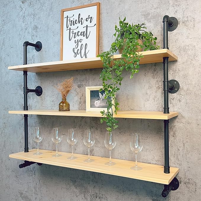 Industrial Pipe Wall Shelves Pipe Shelving with Real Wood Plank,48 Inches Floating Shelves for Wall Farmhouse Pipe Book Shelves Dark Brown 3 Tier for Kitchen,Living Room Decor and Bar Shelving-Ruum Studio Home