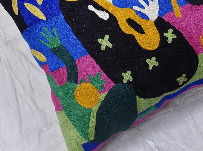 Matisse Decorative Pillow Cover - Music Modern Chair Cushion| Modern Farmhouse Pillows | Flower Outdoor Pillow | Mid Century Chair Cushions |Hand Embroidered Wool Size 18x18-Ruum Studio Home