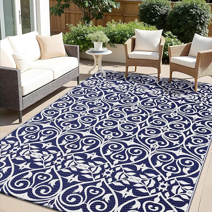 OLANLY Outdoor Rug Waterproof 5x8 ft Clearance, Reversible Outdoor Plastic Straw Rug with Floral Pattern, RV Mat for Patio, Camping, Balcony, Deck, Backyard, Navy & White-Ruum Studio Home