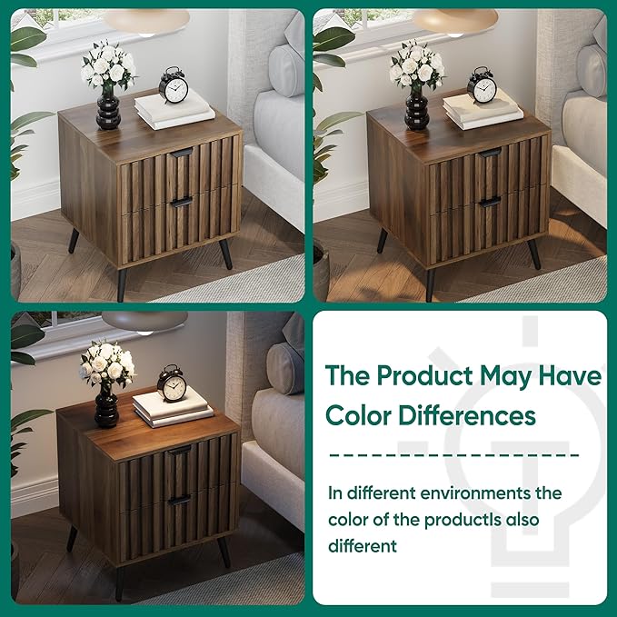 Smuxee Walnut Wooden Night Stand, Mid Century Nightstand with 2 Fluted Drawers, Bedside Table with Metal Feet, Modern End Side Table for Bedroom-Ruum Studio Home