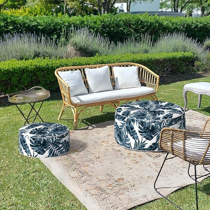LVTXIII Outdoor/Indoor Inflatable Ottoman, 31"x31"x14" Patio Footrest Stool, Portable Round Pouf Ottoman for Patio Garden, Camping or Home Decoration, Palm Blue-Ruum Studio Home