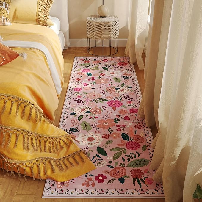 Runner Rug for Hallways Kitchen Rug Non Slip 2'x 6' Washable Rugs with Rubber Backing Soft Floral Carpet Runner for Hallways, Kitchen, Laundry, Bedroom, Bathroom(Pink)-Ruum Studio Home