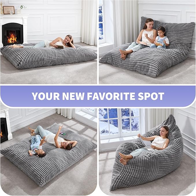 Hobestluk 3 in 1 Bean Bag Chair Giant Bean Bag Chairs Convertible Bean Bag Floor Cushion with Machine Washable Cover, Beanbag Chairs for Adult (Grey)-Ruum Studio Home