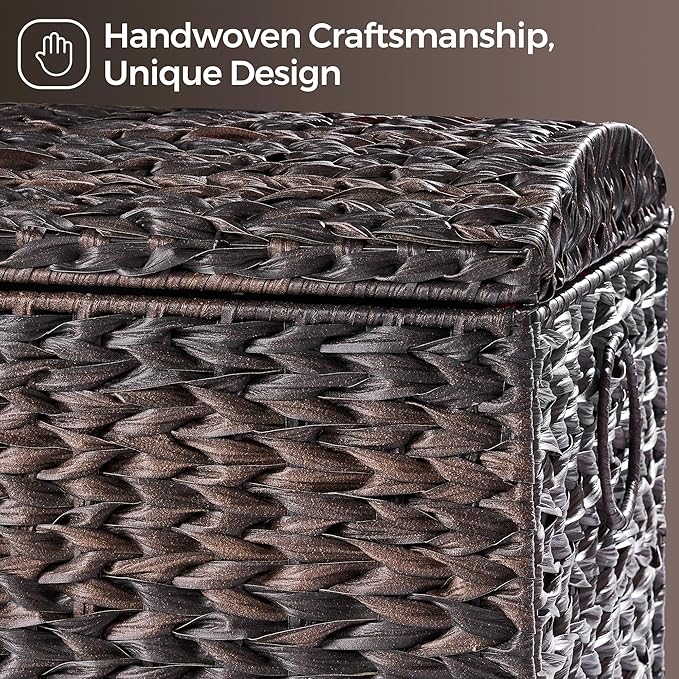 Handwoven Storage Basket with Lid, 178L Plastic Rattan Storage Bin, Leather Buckle & Metal Frame, Large Metal Ring Handles, Storage Trunk for Bedroom, Laundry Room-Ruum Studio Home