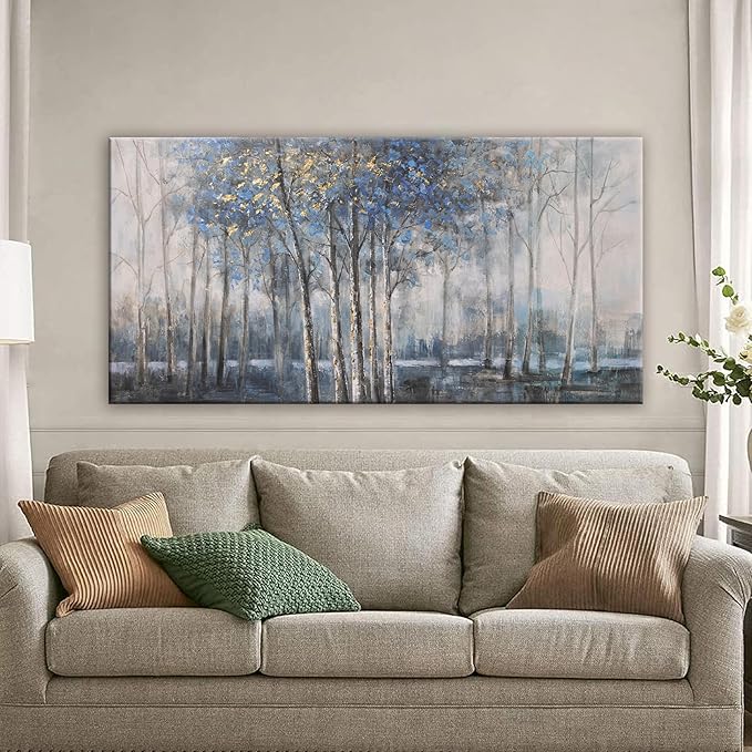 Canvas Wall Art Decor Pictures Wall Decor Prints Modern Large Wall Art Gold Wall Art Blue Grey Misty Botanical Textured Artwork for Walls For Room Living Room Bedroom Office Wall Decor 24"X48"-Ruum Studio Home