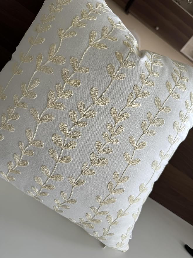 VAGMINE Embroidered Floating Leaves Throw Pillow Cover - 18x18 Inches Square - 100% Cotton Ivory Decorative Cushion Cover - Timeless Nature-Inspired Accent for Sofa, Couch & Modern Decor - Cream-Ruum Studio Home
